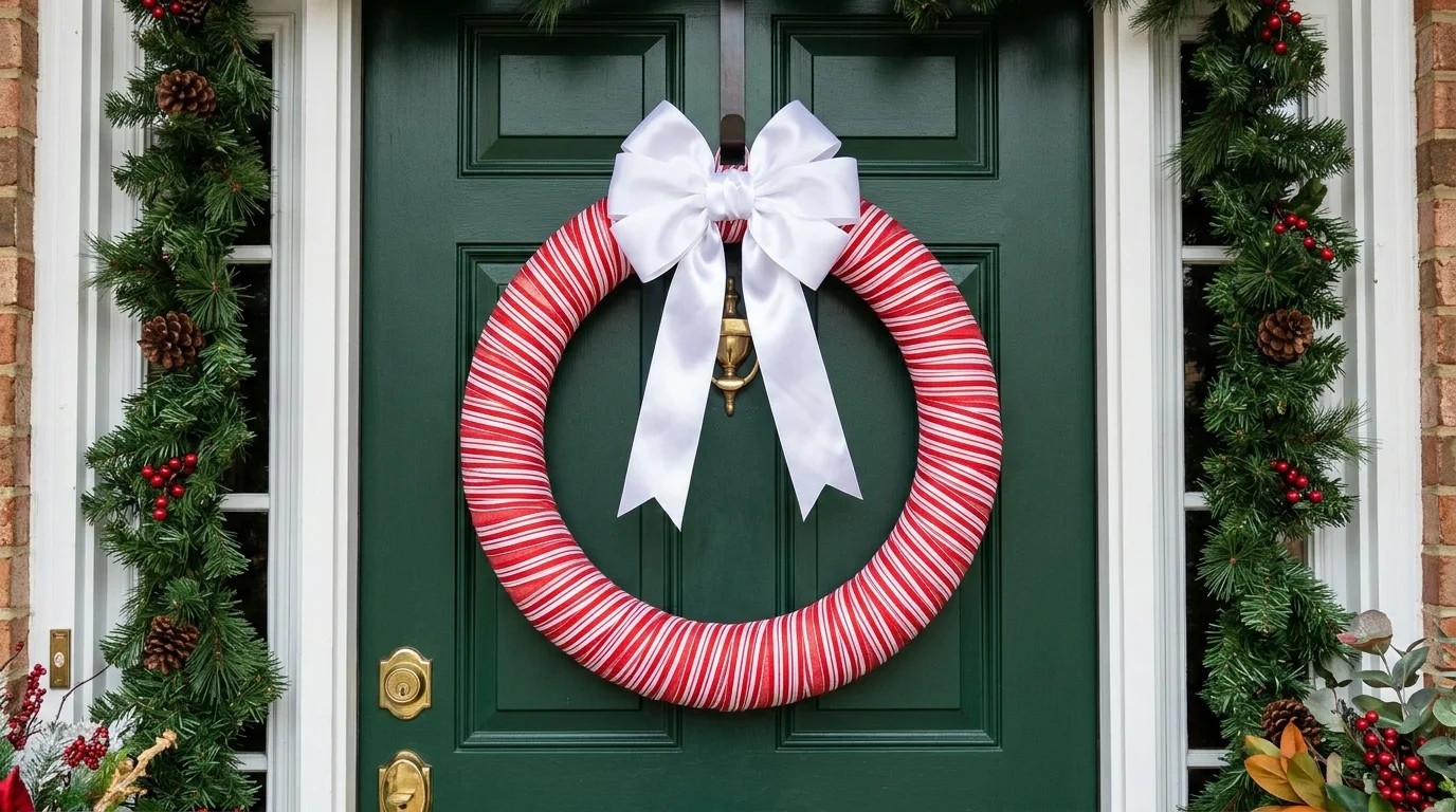 Pool noodle Christmas peppermint wreath with a white bow on a green door