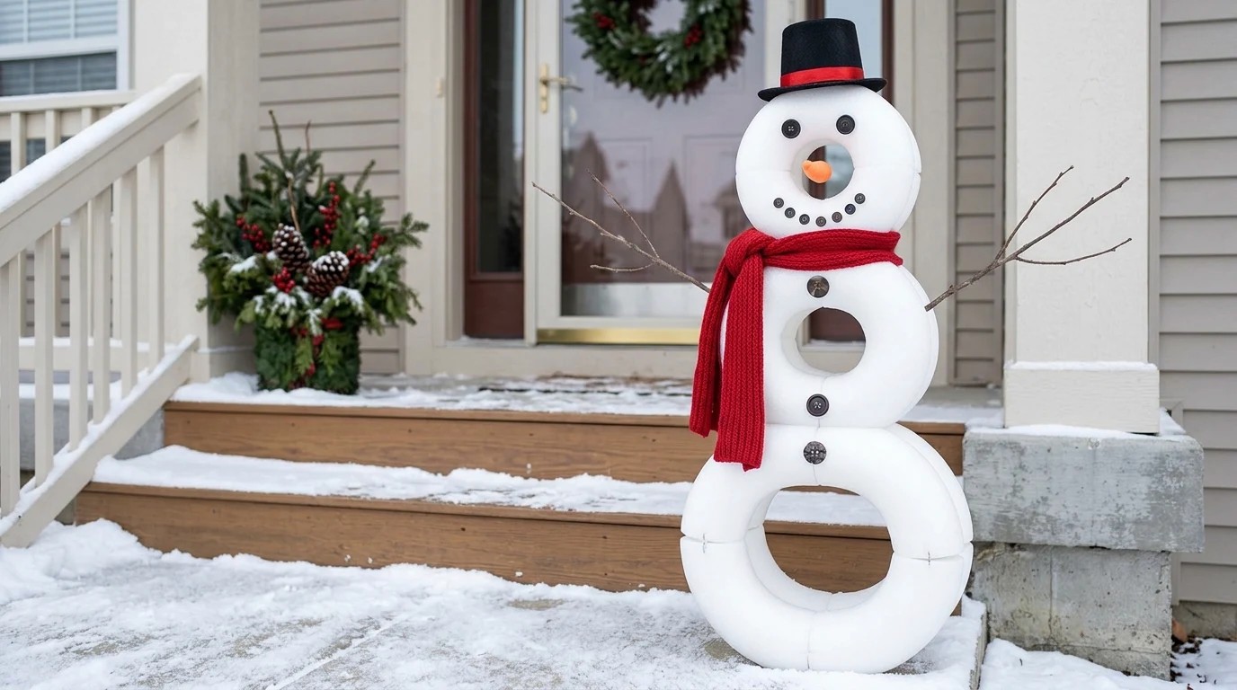 Pool noodle Christmas snowman with a red scarf on a snowy porch