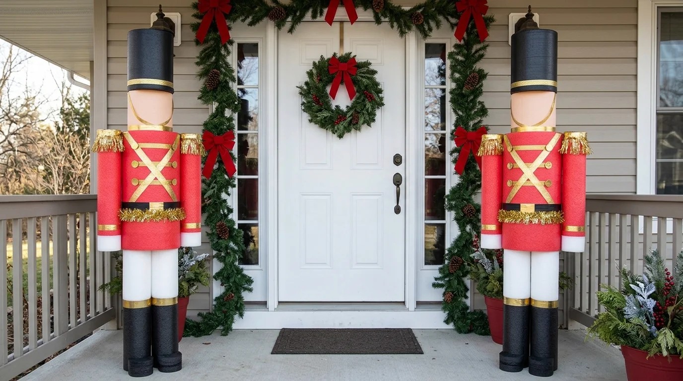 Pool noodle Christmas toy soldiers guarding a front door
