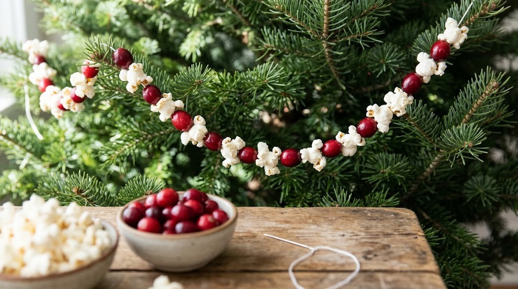 90s Christmas decor idea: popcorn and cranberry garland on a tree