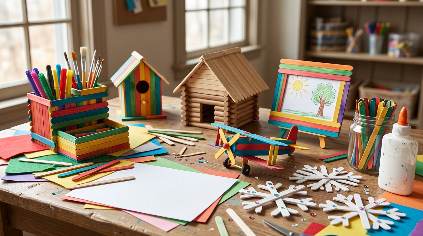 Popsicle stick crafts on a sunny table including a desk organizer, log cabin, birdhouse, photo frame and snowflakes