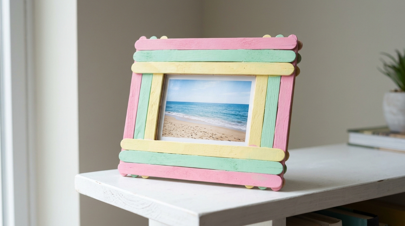 Popsicle stick crafts photo frame painted in pastel pink, mint and yellow stripes on a white shelf