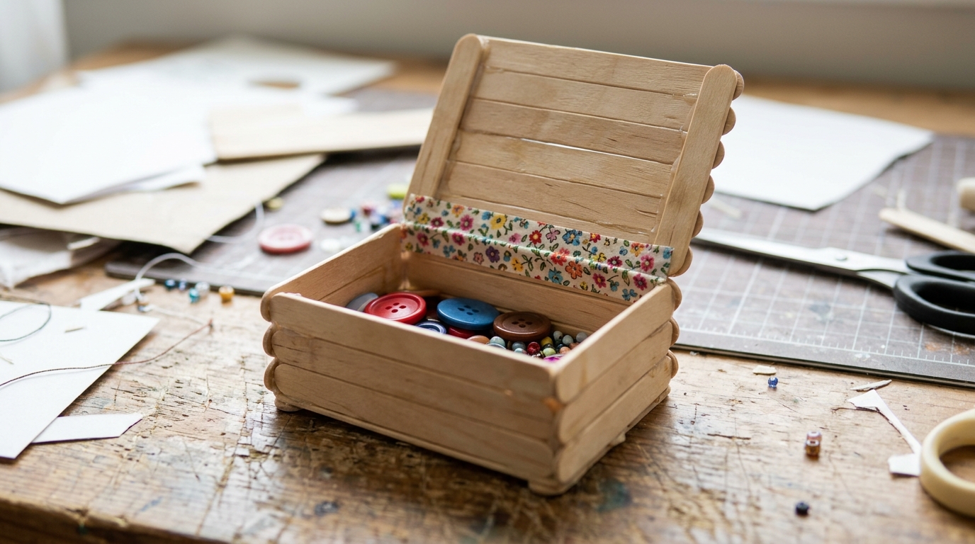 Small trinket box made from craft sticks with a lid hinged by floral fabric tape holding buttons and beads
