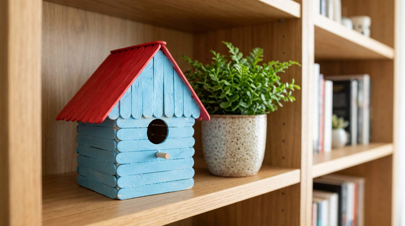 Popsicle stick crafts birdhouse painted sky blue with a red roof displayed on a bookshelf