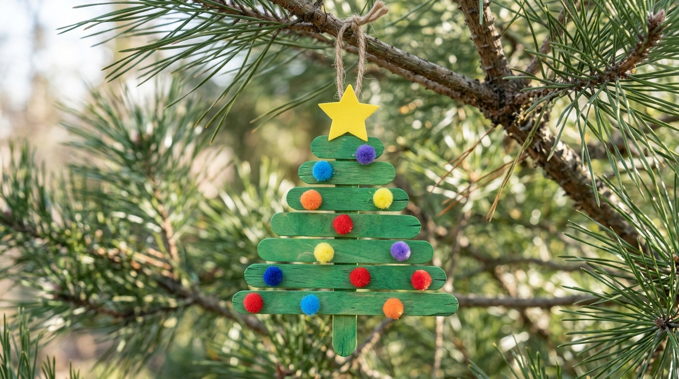 Christmas tree ornament made from stacked green painted craft sticks with pom poms and a yellow star on a pine branch