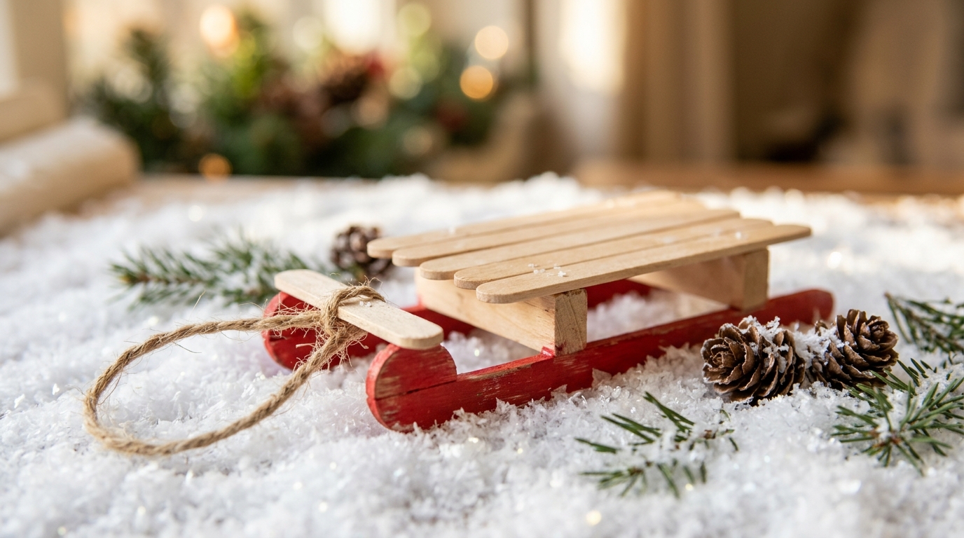 Tiny sled ornament made from craft sticks with red runners and a twine loop on fake snow