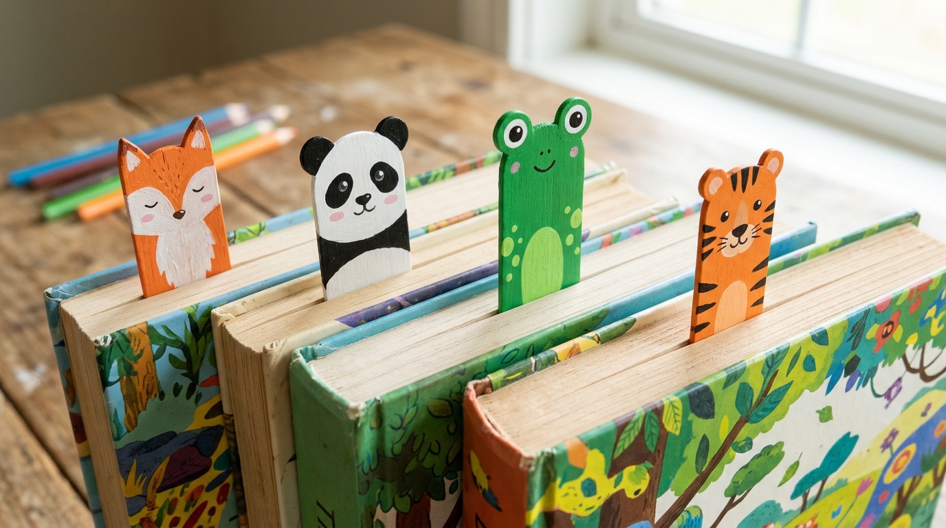 Craft stick bookmarks painted like a fox, panda, frog and tiger sticking out of children's books
