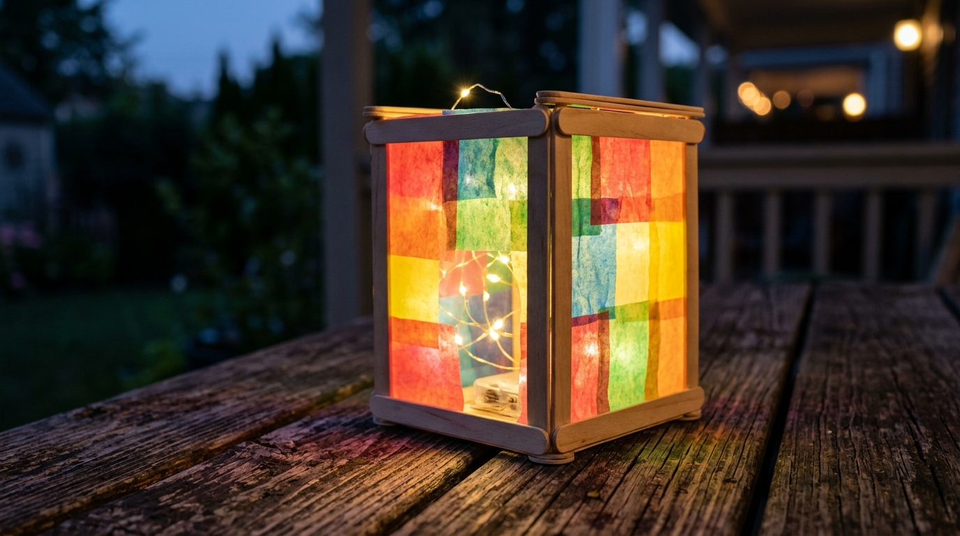 Craft stick lantern with colorful tissue paper panels glowing from battery fairy lights in the evening