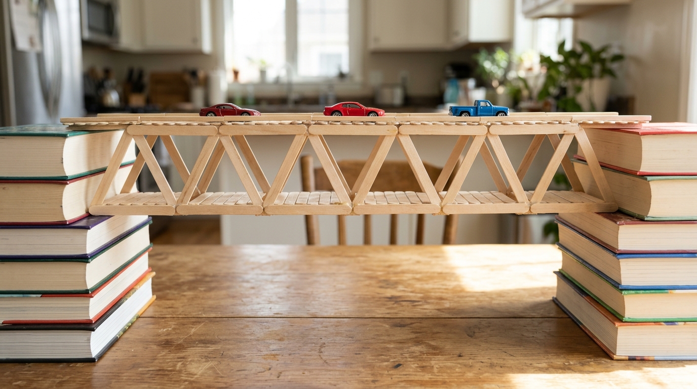 Bridge model built from craft sticks in a triangle truss pattern spanning two stacks of books with toy cars