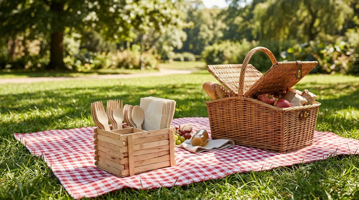 Cutlery holder made from craft sticks holding wooden forks, spoons and napkins on a checked picnic blanket