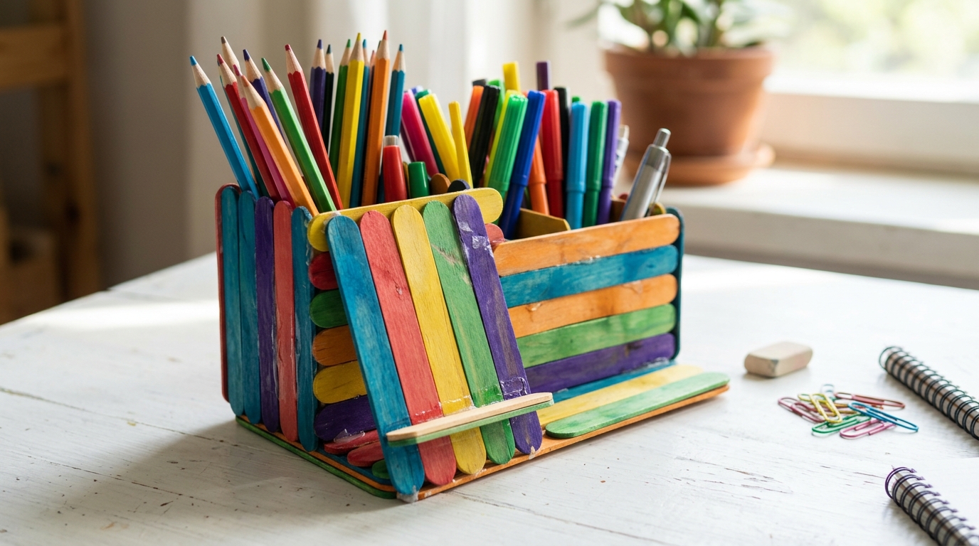 Popsicle stick crafts desk organizer in rainbow colors with pen slots and a phone stand on a white desk
