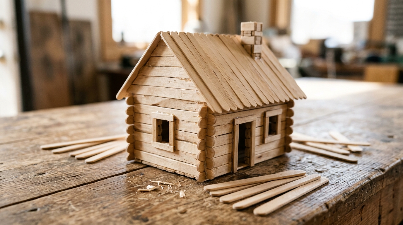 Popsicle stick crafts small log cabin made from natural wooden craft sticks with a pitched roof and tiny windows
