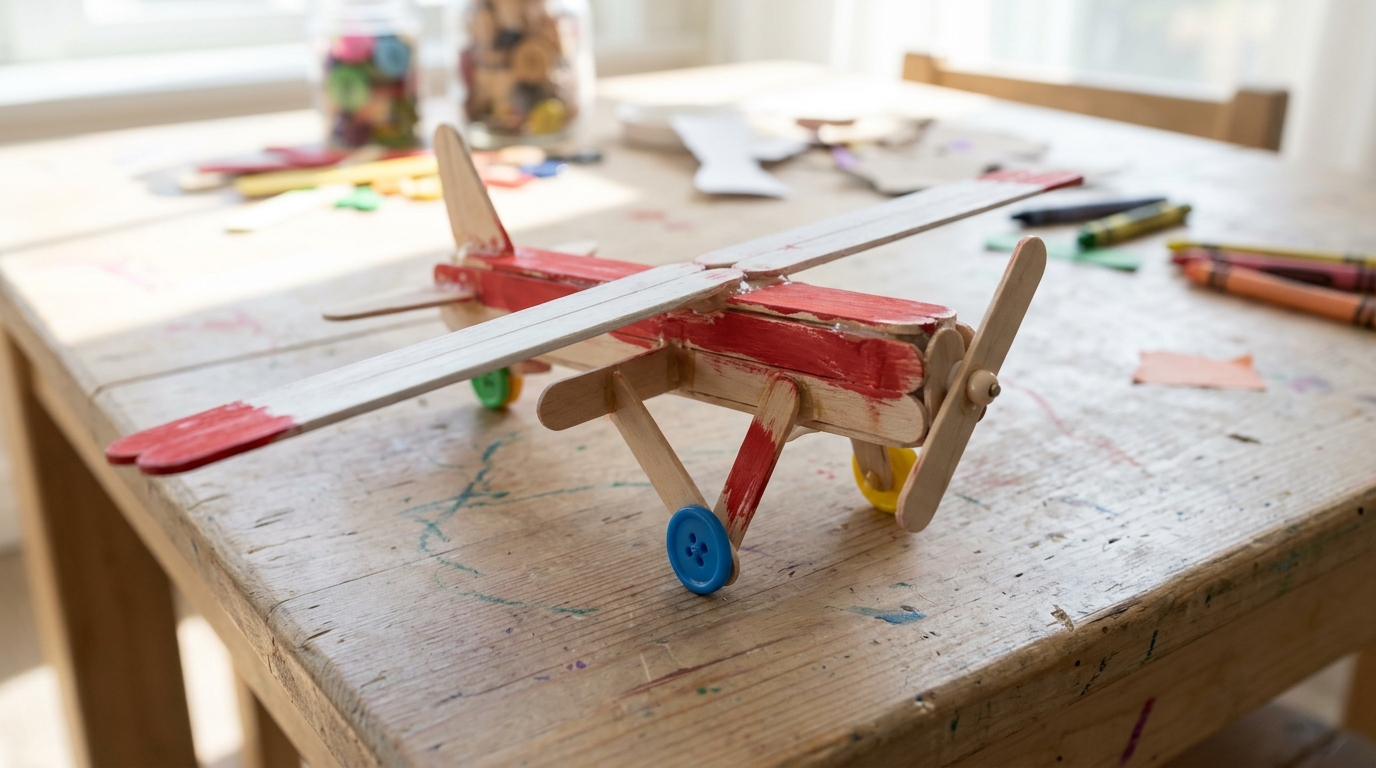 Toy airplane made from craft sticks painted red and white with button wheels on a kids table