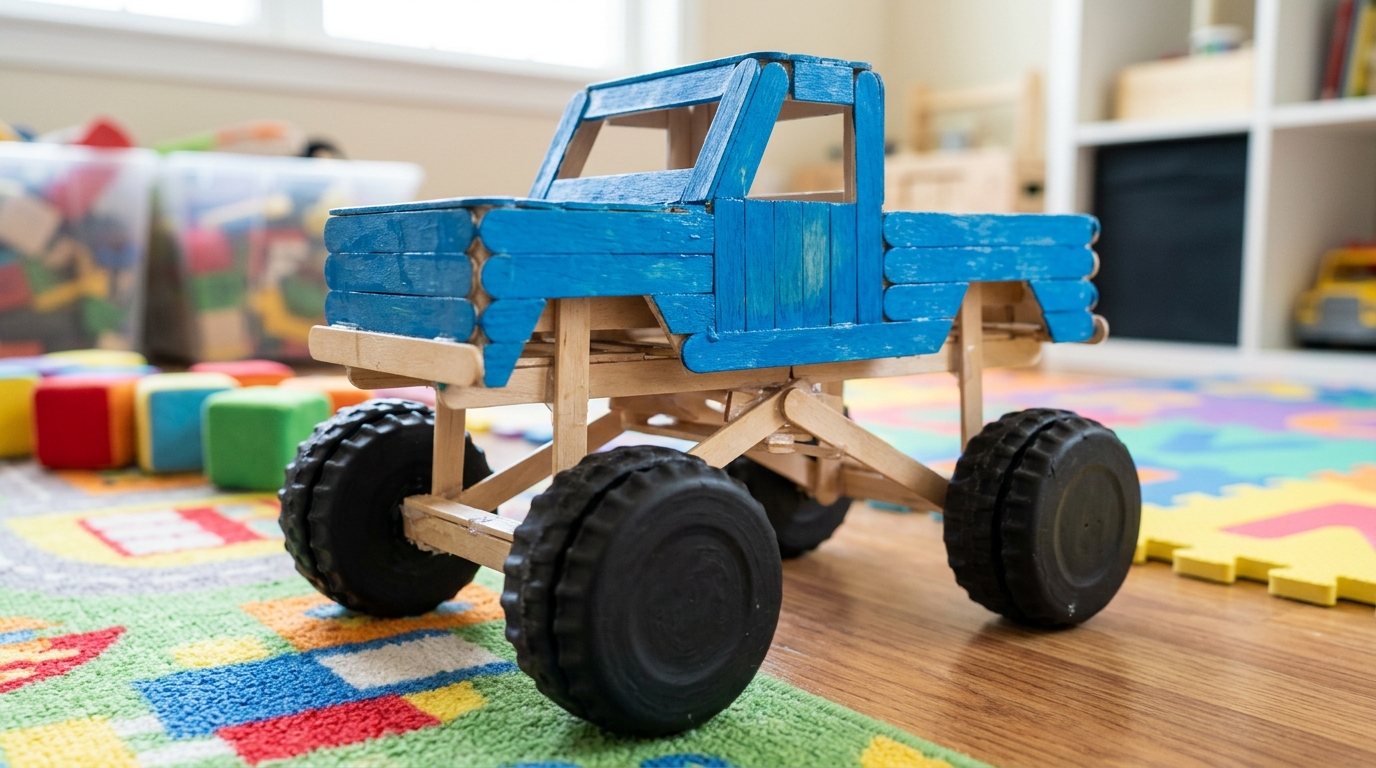 Popsicle stick crafts toy monster truck with bottle cap wheels painted blue on a playroom floor