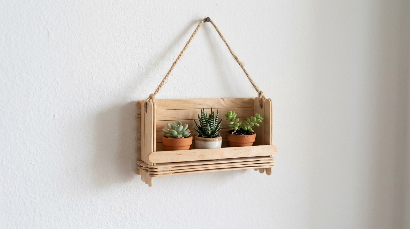Small hanging wall shelf made from wooden craft sticks holding three tiny succulent pots