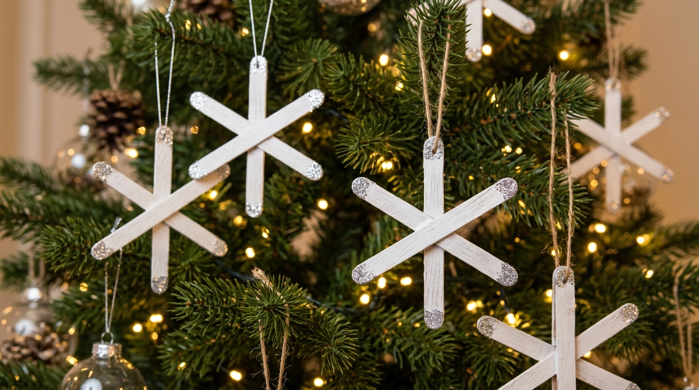 Popsicle stick crafts snowflake ornaments painted white with silver glitter tips hanging on a Christmas tree