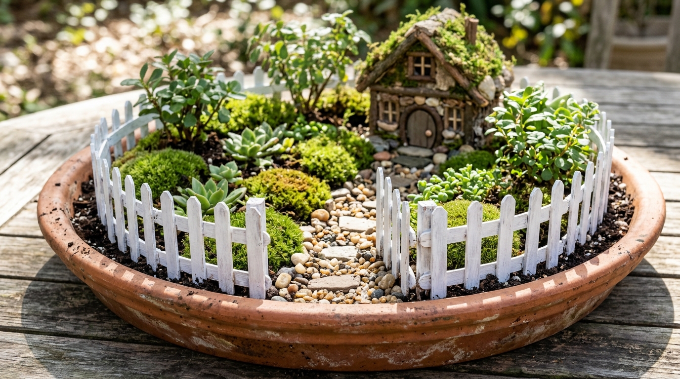 Tiny white craft stick picket fence around a miniature fairy garden with moss and a little house