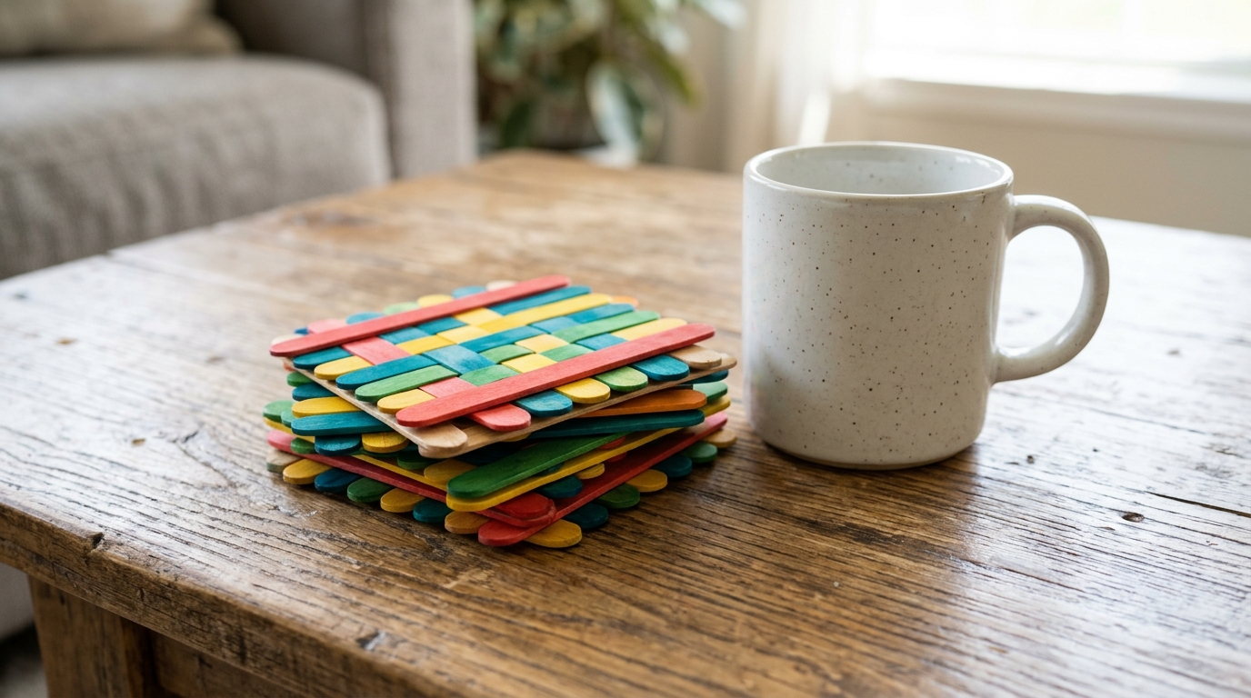 Square coasters woven from red, yellow, blue and green colored craft sticks on a coffee table with a mug