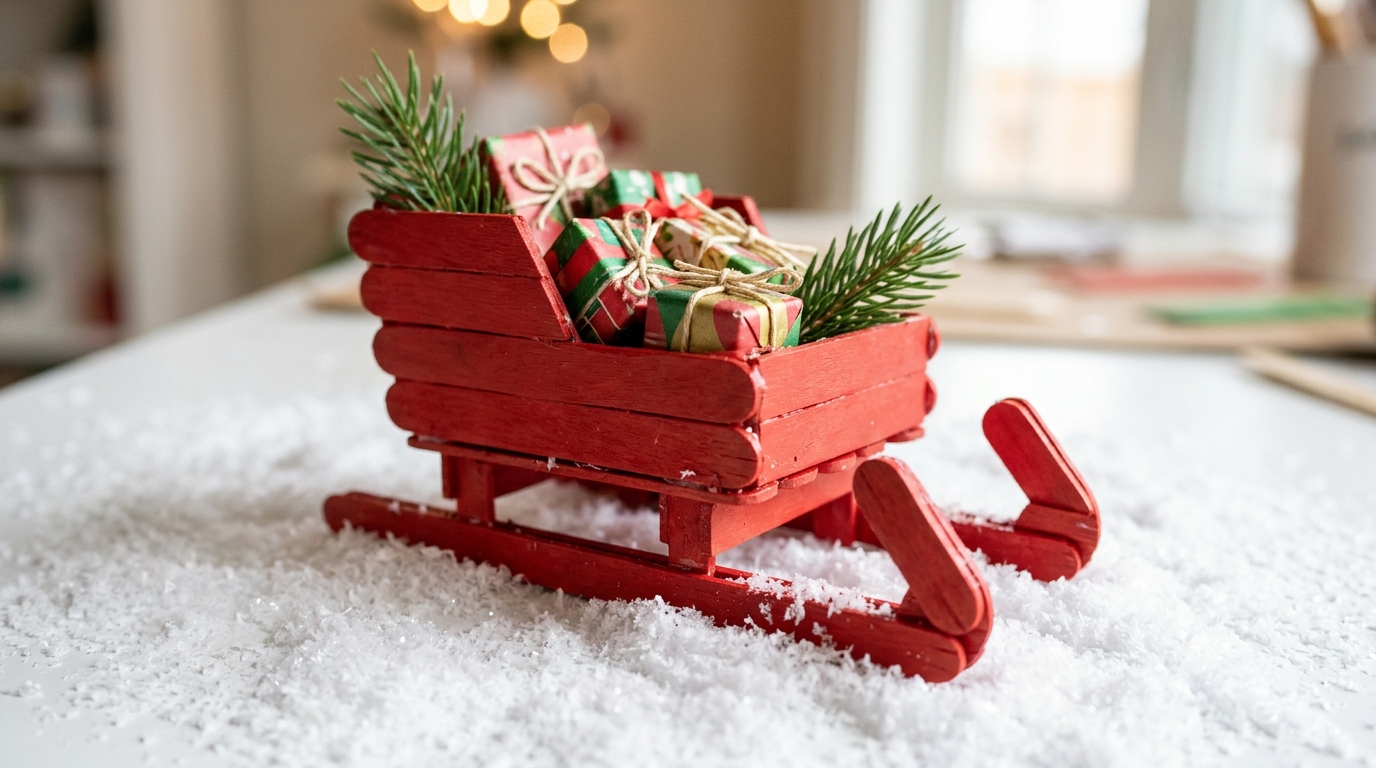 Small red sleigh made from craft sticks filled with tiny wrapped gifts on fake snow