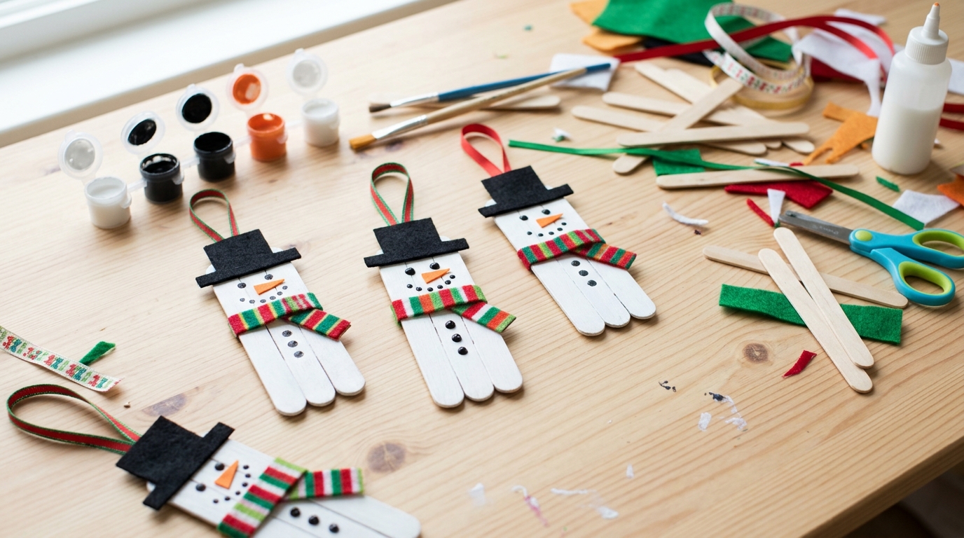 Craft stick snowmen painted white with felt top hats and striped scarves