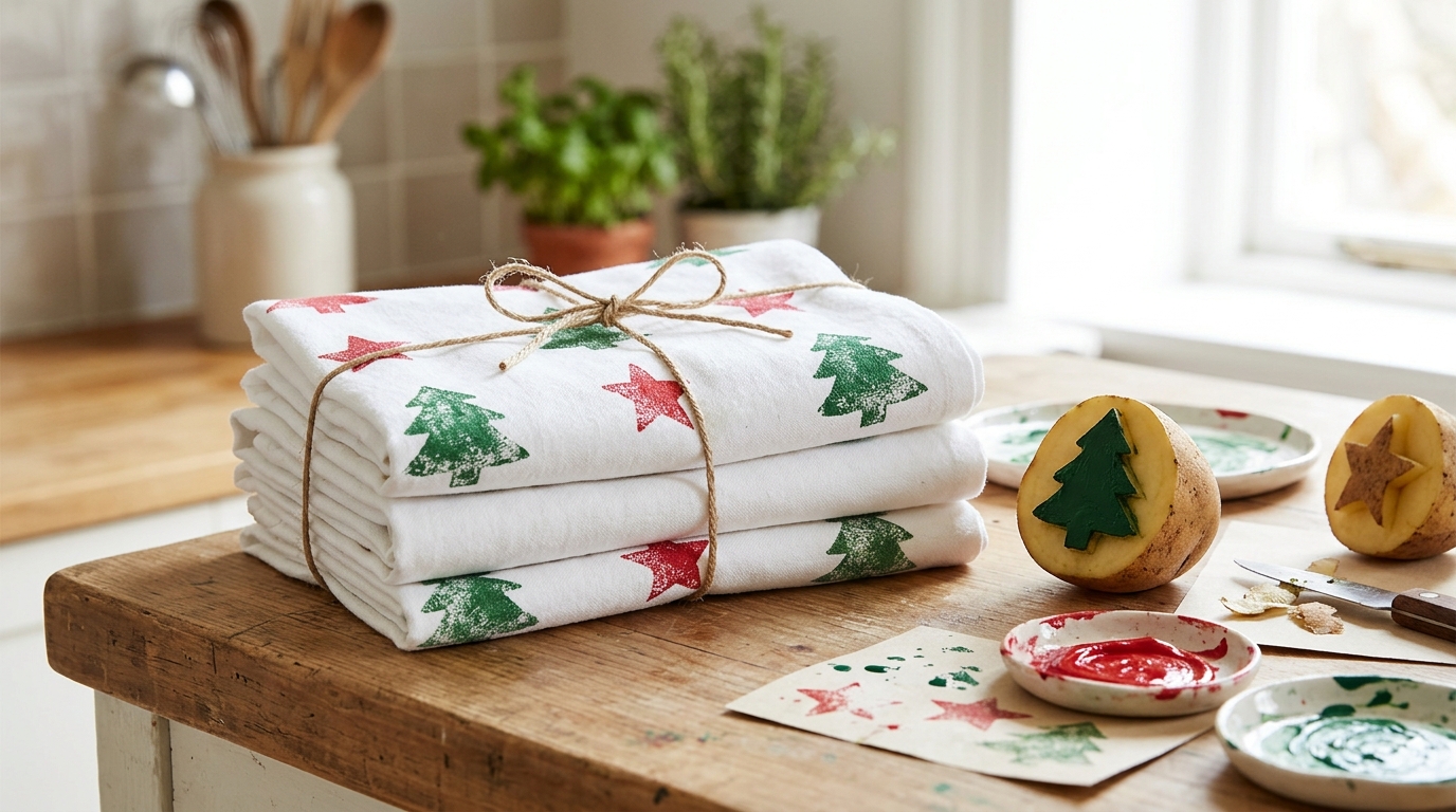Christmas crafts for adults: white tea towels stamped with red and green tree and star shapes beside a potato stamp