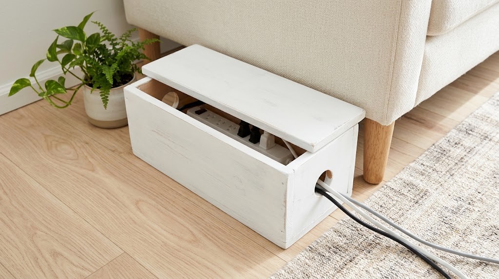 Hide living room eyesores with a white wooden box hiding a power strip