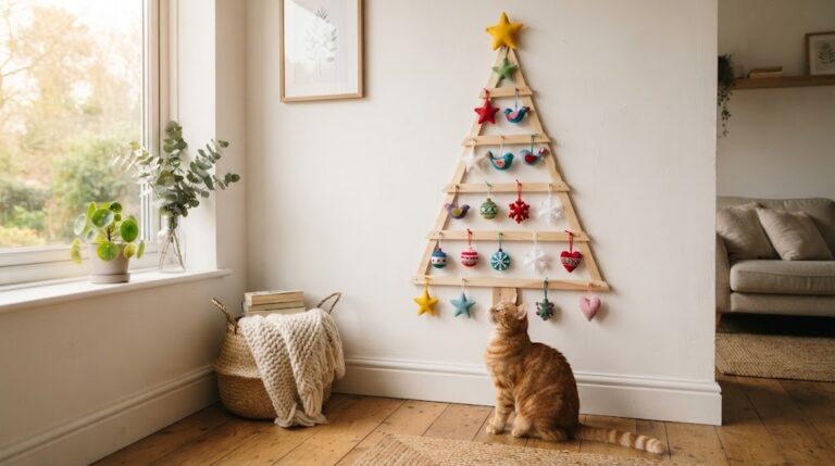 Pet proof Christmas wall tree made of wooden slats with felt ornaments and an orange cat looking up