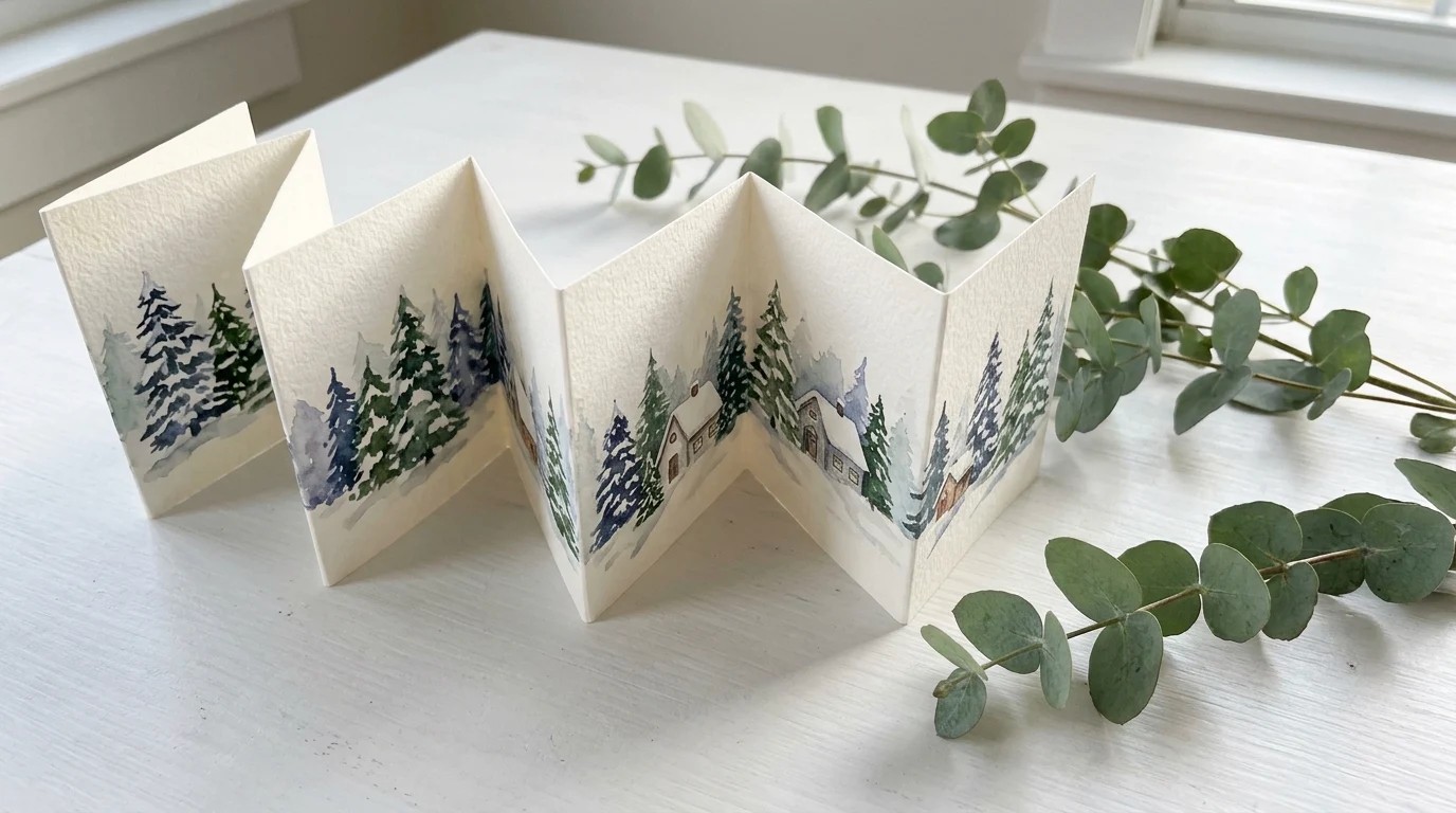 Handmade fold out accordion Christmas card with painted snowy pine trees
