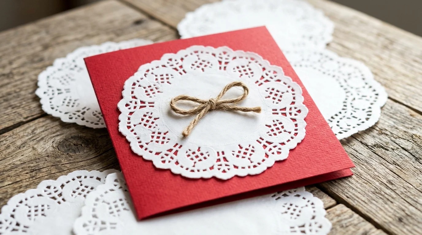Red handmade Christmas card covered with a white paper lace doily