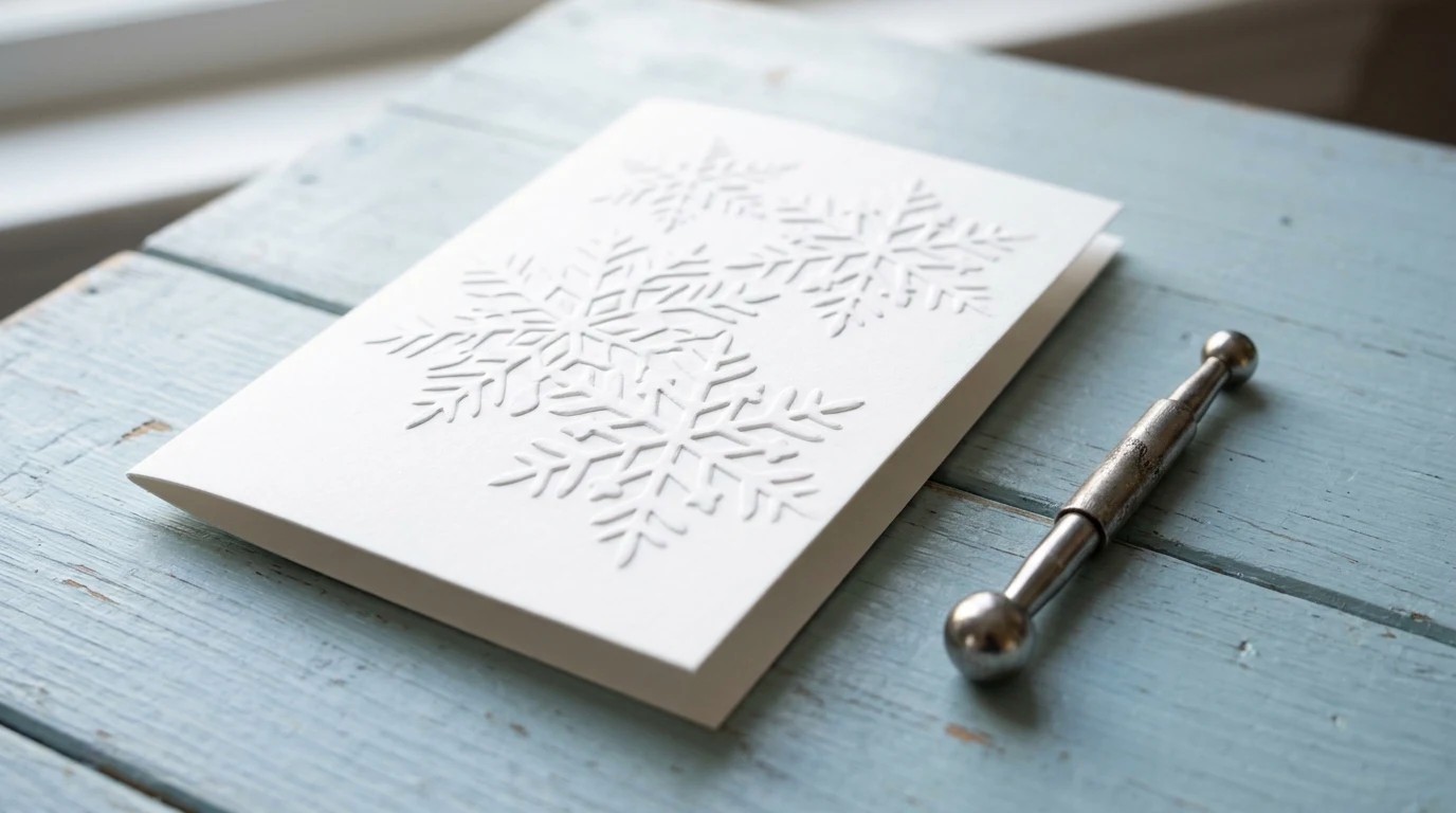 White handmade Christmas card with raised embossed paper snowflakes