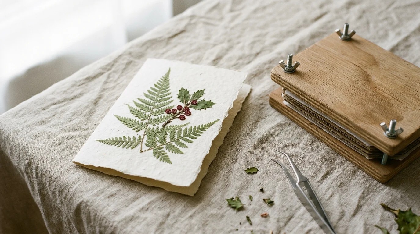 Handmade cream Christmas card with pressed fern fronds and holly berries