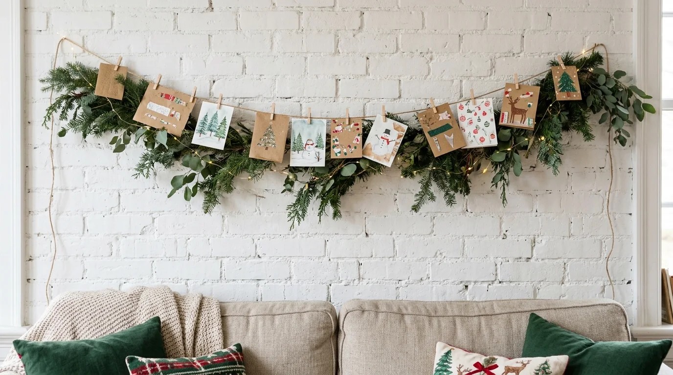 Garland of Louis Prang Christmas Cards and handmade cards hung with clothespins on twine