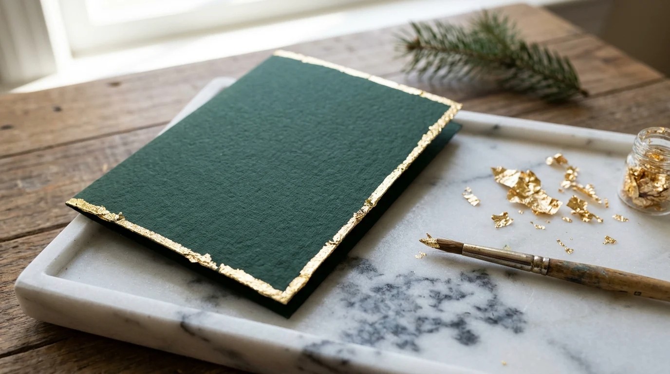 Dark green handmade Christmas card with shiny gold leaf edges