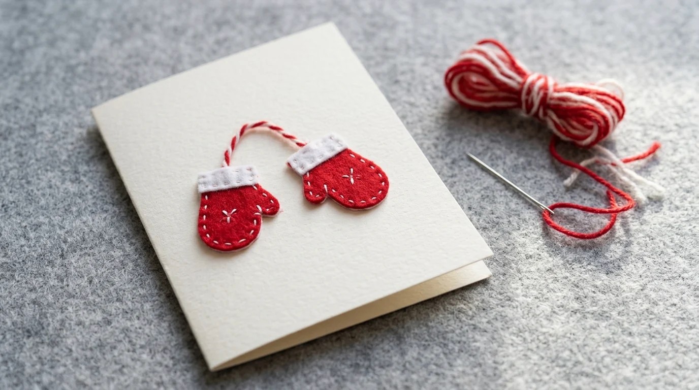 Handmade Christmas card with two little red and white felt mittens on yarn