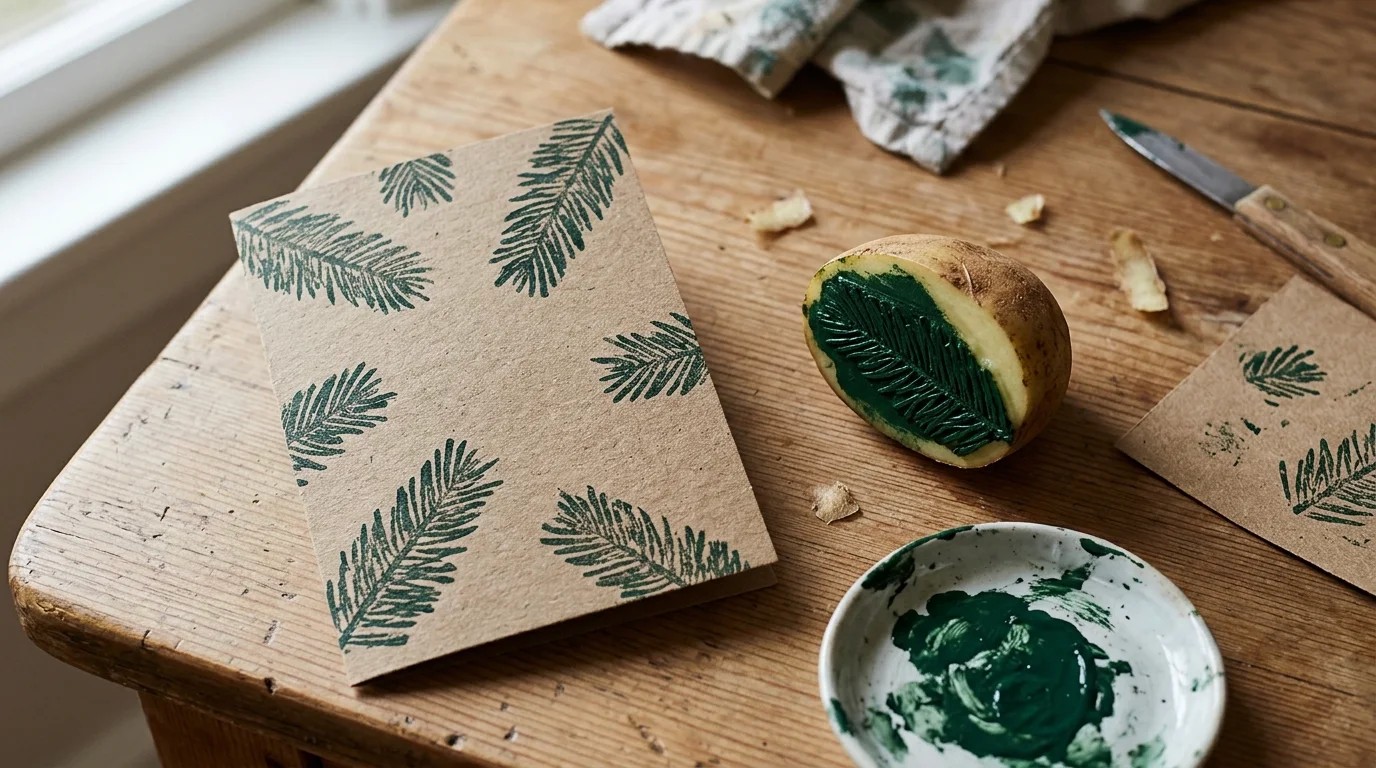 Kraft paper card stamped with green pine branches using a potato stamp, a Louis Prang Christmas Cards style idea