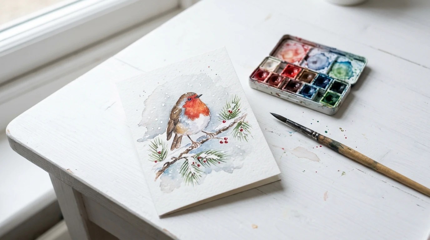 Vintage Christmas card with two robins near a window and holly