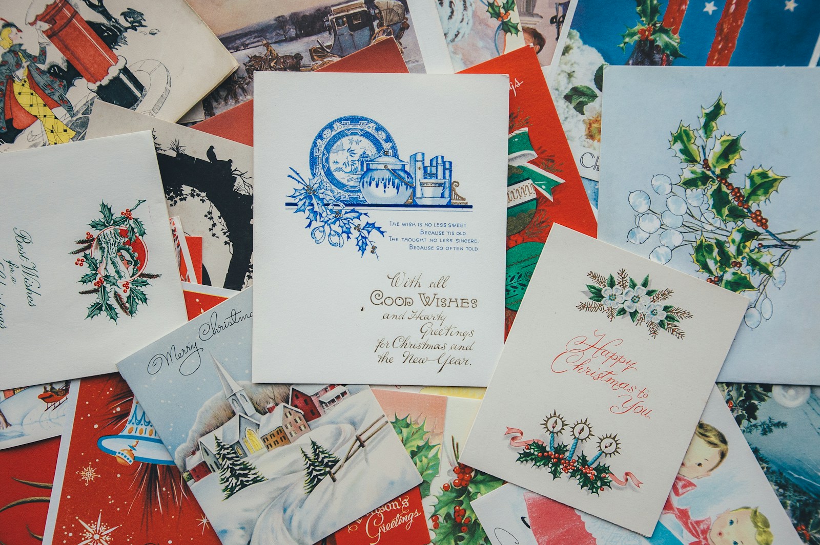 Pile of vintage greeting cards for a Louis Prang Christmas Cards style collage