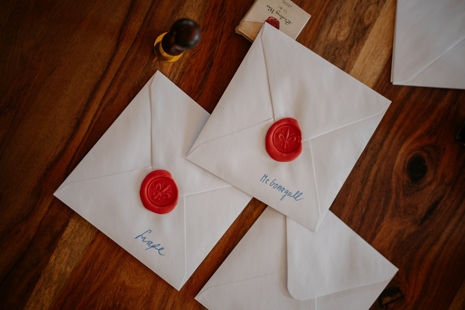 White envelopes sealed with red wax for Louis Prang Christmas Cards