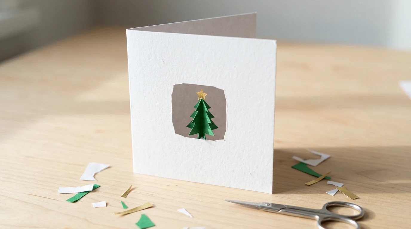 Handmade white Christmas card with a small window showing a tiny paper Christmas tree