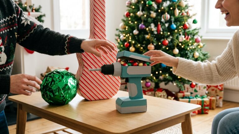 Prank gift wrapping ideas on a coffee table: a cardboard drill shaped box full of chocolates, a guitar shaped present and a green foil ball