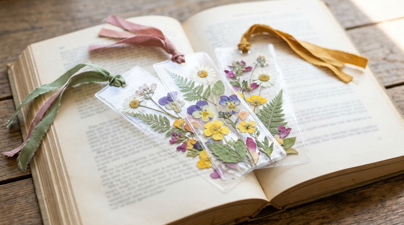 Pressed flower bookmarks sealed in clear laminating sheets with ribbon tassels on an open book