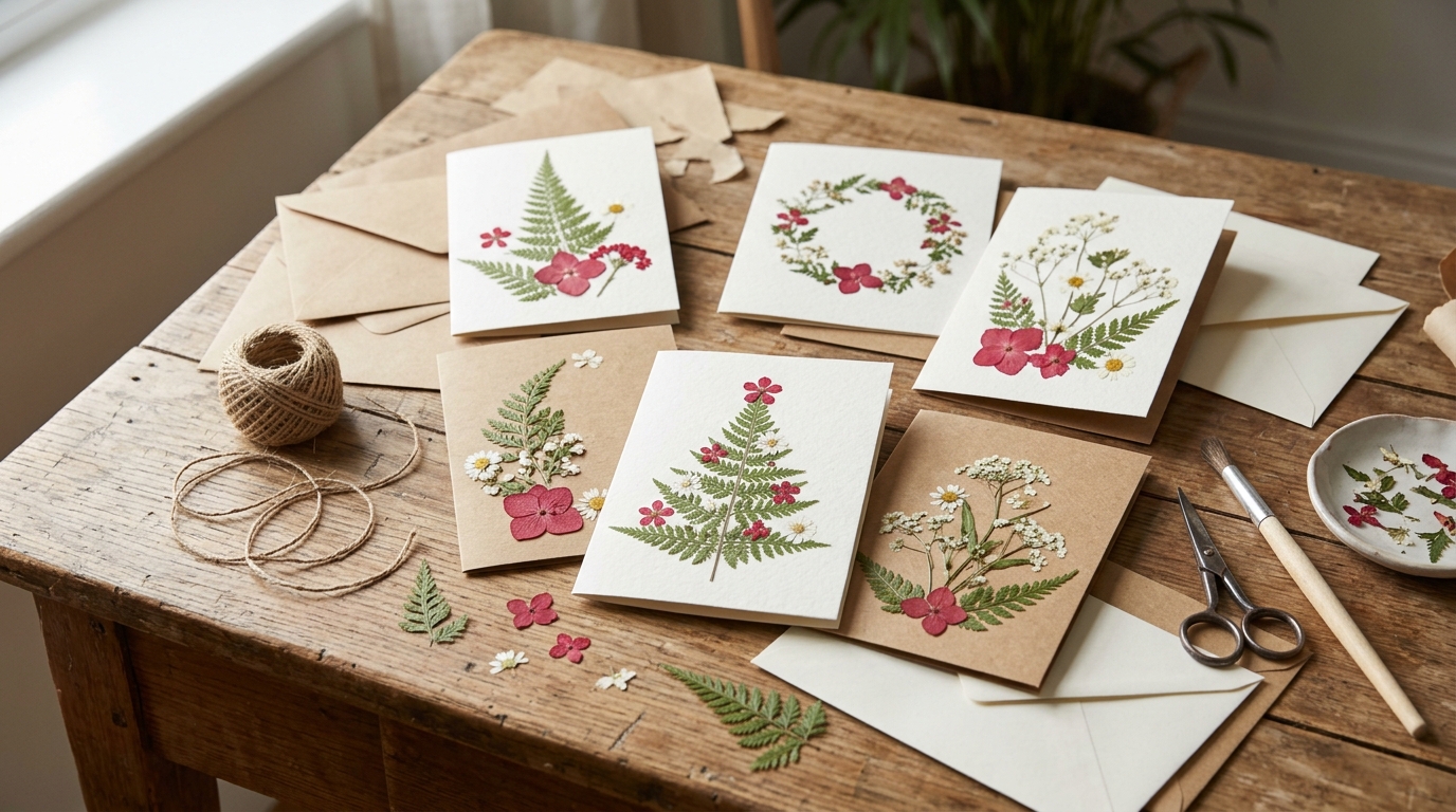 Pressed flower crafts Christmas cards decorated with pressed red and white flowers and ferns on a desk