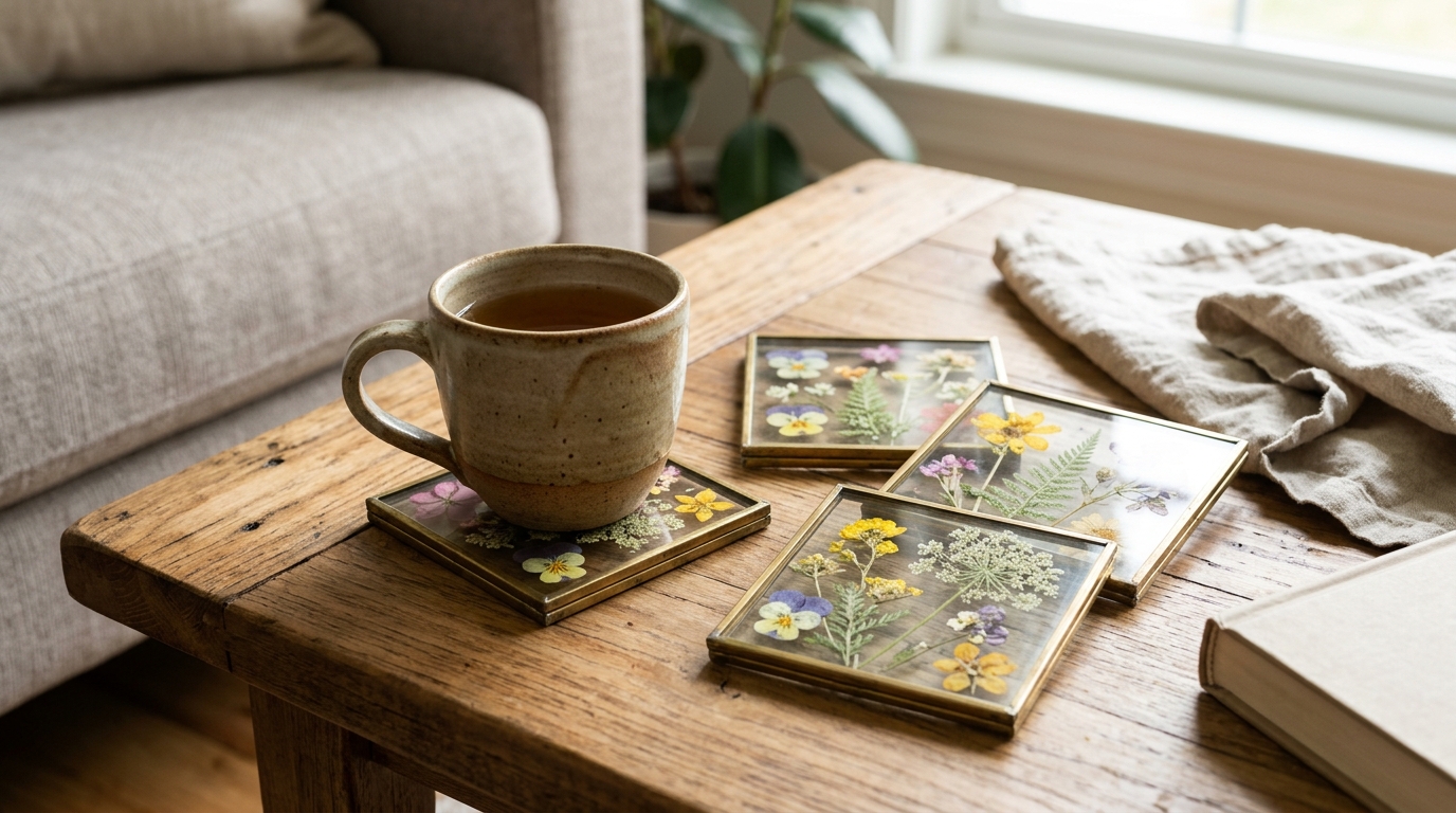Square glass coasters filled with pressed flowers on a coffee table with a mug of tea