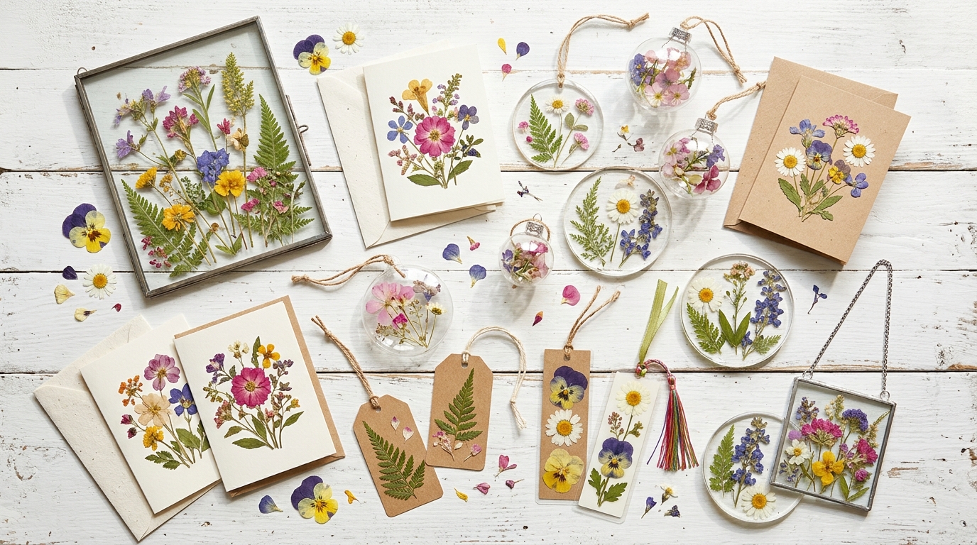 Pressed flower crafts flat lay with glass ornaments, cards, gift tags, a floating frame, bookmarks, coasters and a suncatcher