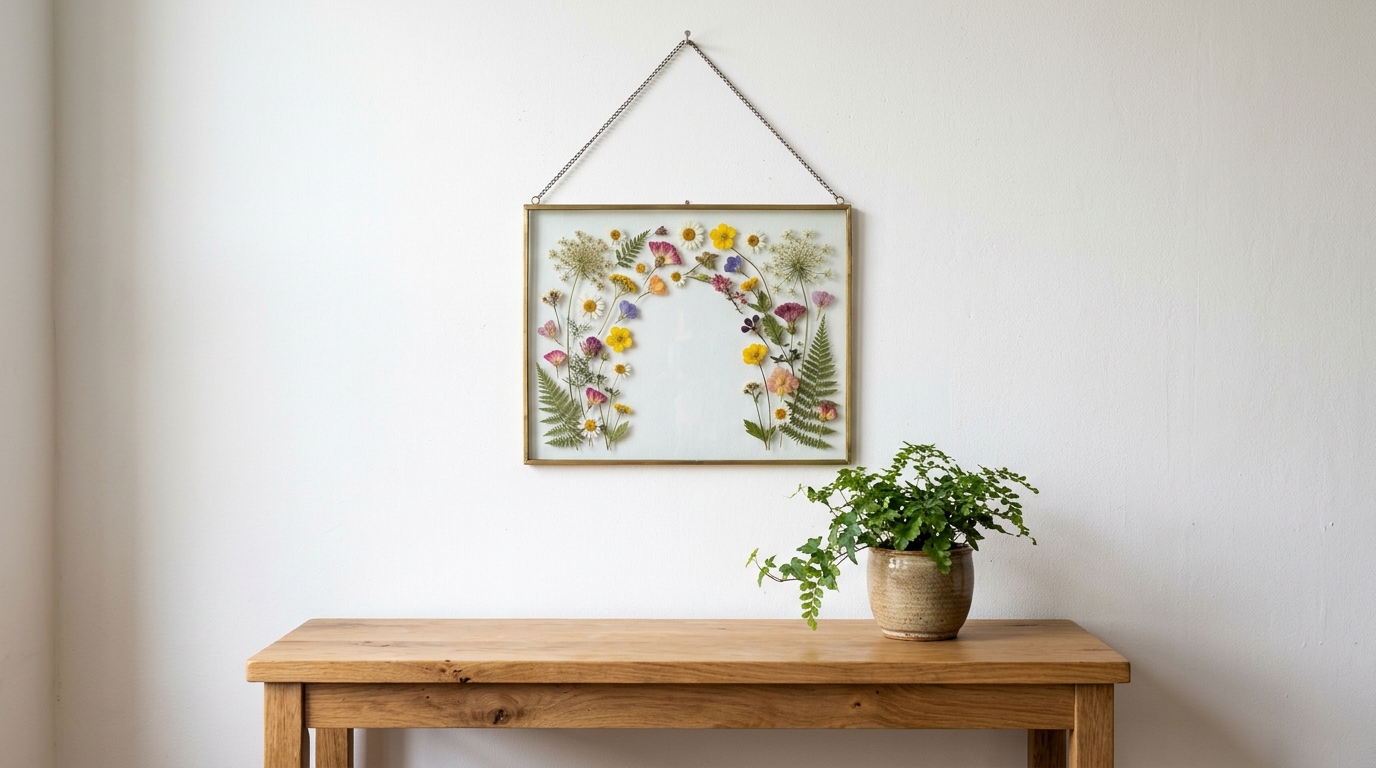 Pressed flower crafts floating glass frame with wildflowers arranged in an arch on a white wall