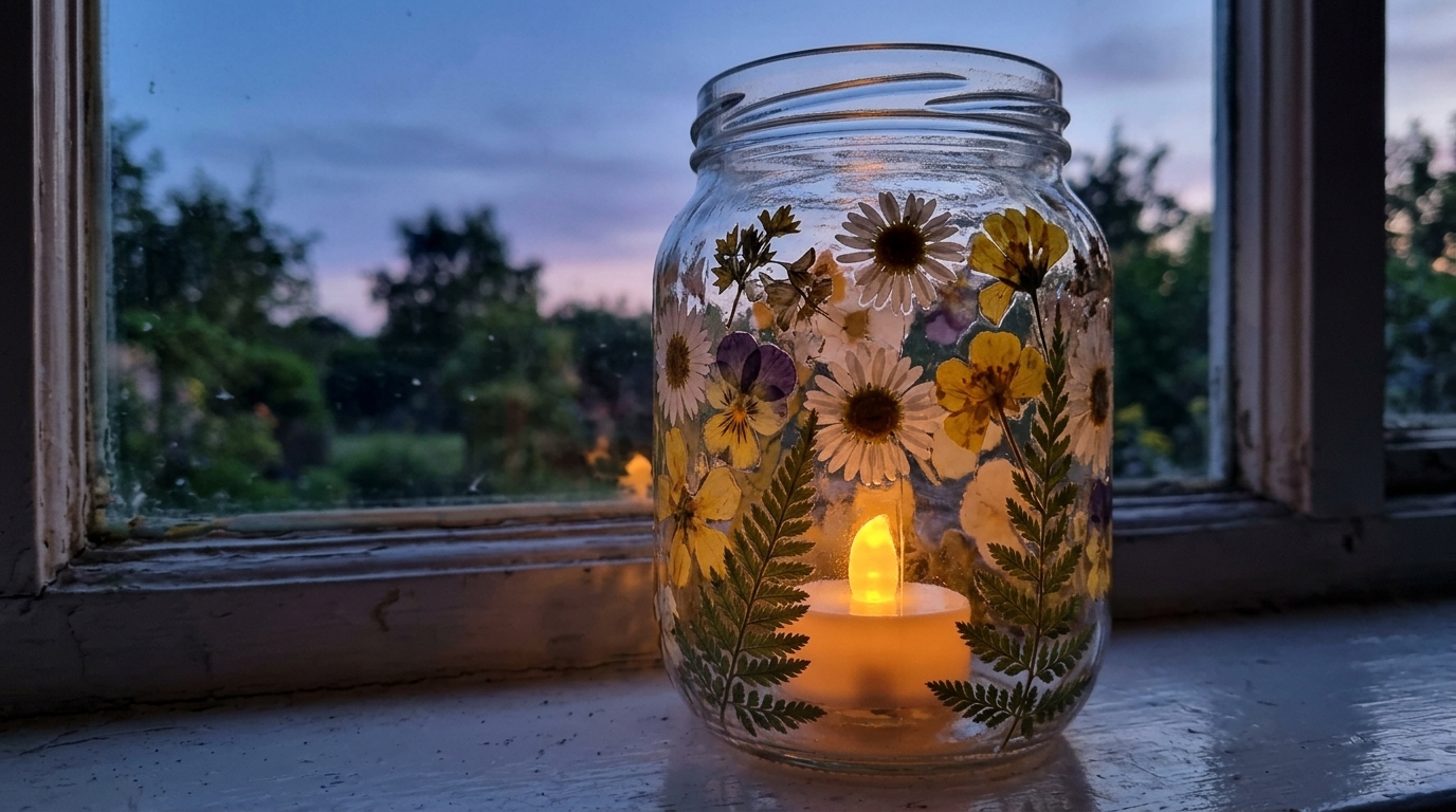 Pressed flower crafts glass jar decorated with flowers and glowing with a battery LED tea light on a windowsill