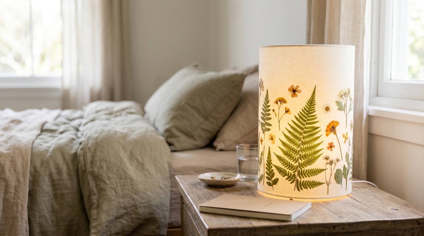 Cream fabric lamp shade decorated with pressed ferns and flowers glowing on a bedside table
