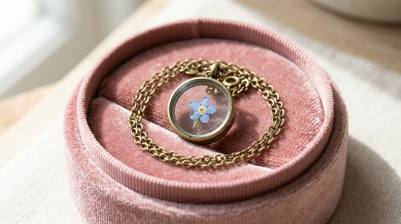 Small glass locket pendant holding a tiny pressed forget me not flower on a velvet dish