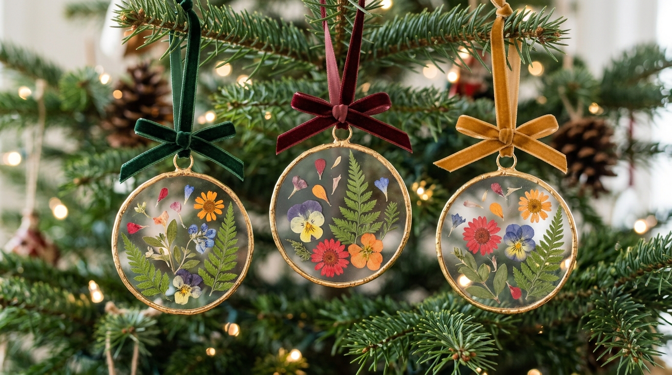 Pressed flower crafts glass disc Christmas ornaments with flowers and ferns hanging on a tree