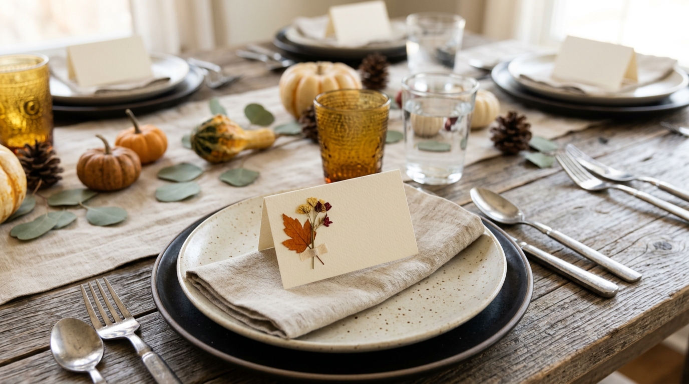 Thanksgiving place cards with pressed autumn leaves and small flowers on plates